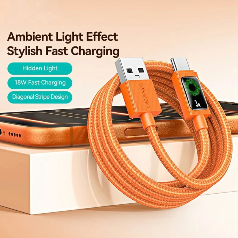 USAMS SJ772 U92 1.2m Type-C Cable 18W Fast Charging USB-A to USB-C Data Transfer Cord with LED Light - Orange