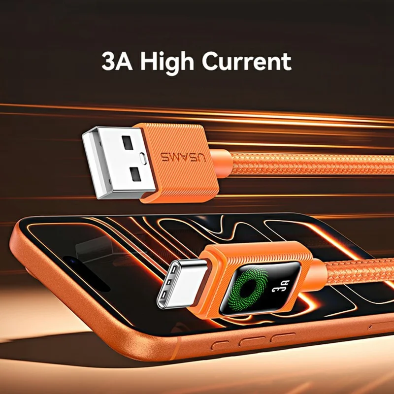 USAMS SJ772 U92 1.2m Type-C Cable 18W Fast Charging USB-A to USB-C Data Transfer Cord with LED Light - Orange