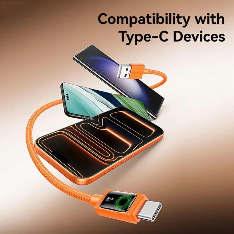 USAMS SJ772 U92 1.2m Type-C Cable 18W Fast Charging USB-A to USB-C Data Transfer Cord with LED Light - Orange