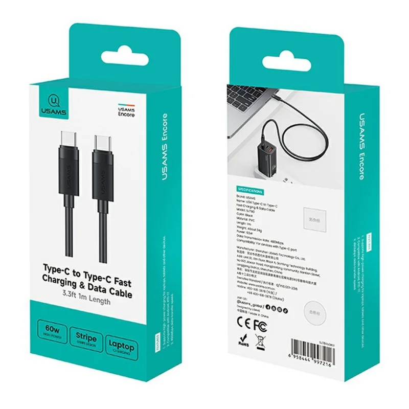 USAMS SJ780 U94 1m PD 60W Fast Charging Cable Type-C to Type-C Data Transfer Cord for Smartphone / Laptop / Tablet