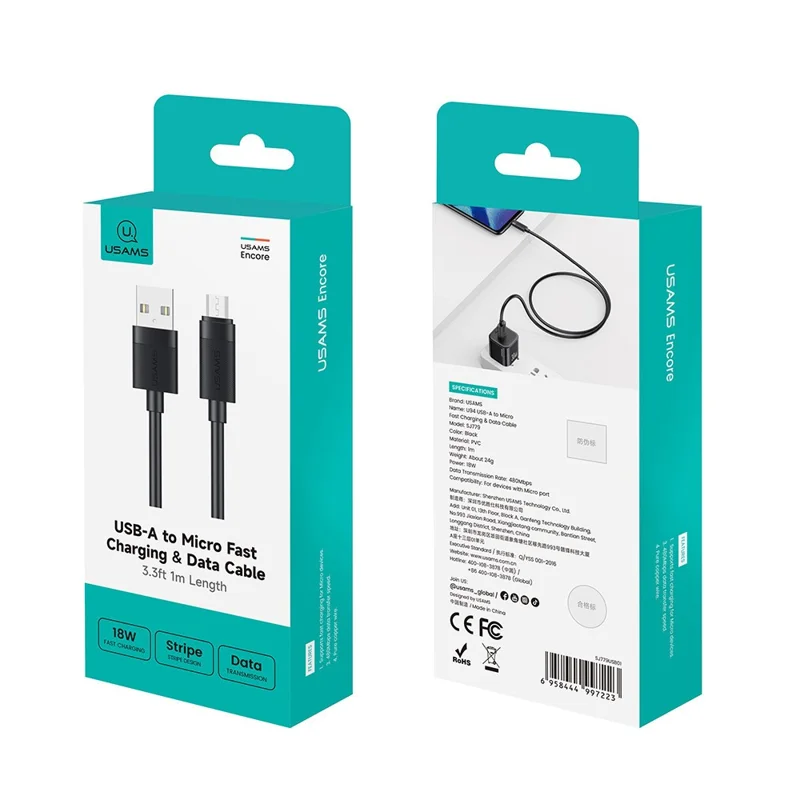 USAMS SJ779 U94 1m USB-A to Micro USB 2A 18W Fast Charging Cable Data Sync Cord for Android Phones