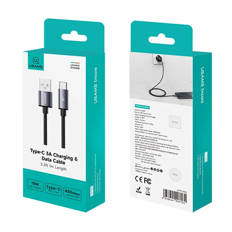 USAMS SJ767 U91 Type-C Cable 3A Fast Charging Data Cable 1m / 18W Quick Charge Aluminum Alloy