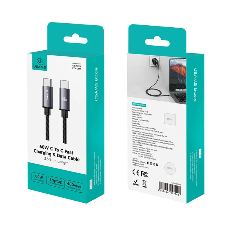 USAMS SJ769 U91 60W Aluminum Alloy Fast Charging Cable 1m USB-C to USB-C Data Cable