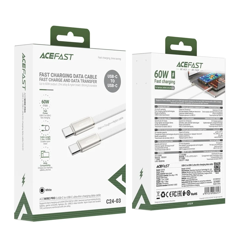 ACEFAST C24-03 USB-C to USB-C Cable Ultra Thin Charging Data Cable 60W Fast Charging Durable Nylon Braided Cable