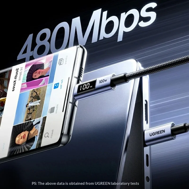 UGREEN 65863 2m PD 100W Fast Charging Type-C Cable with Digital Display Braided USB-C to USB-C Data Cord