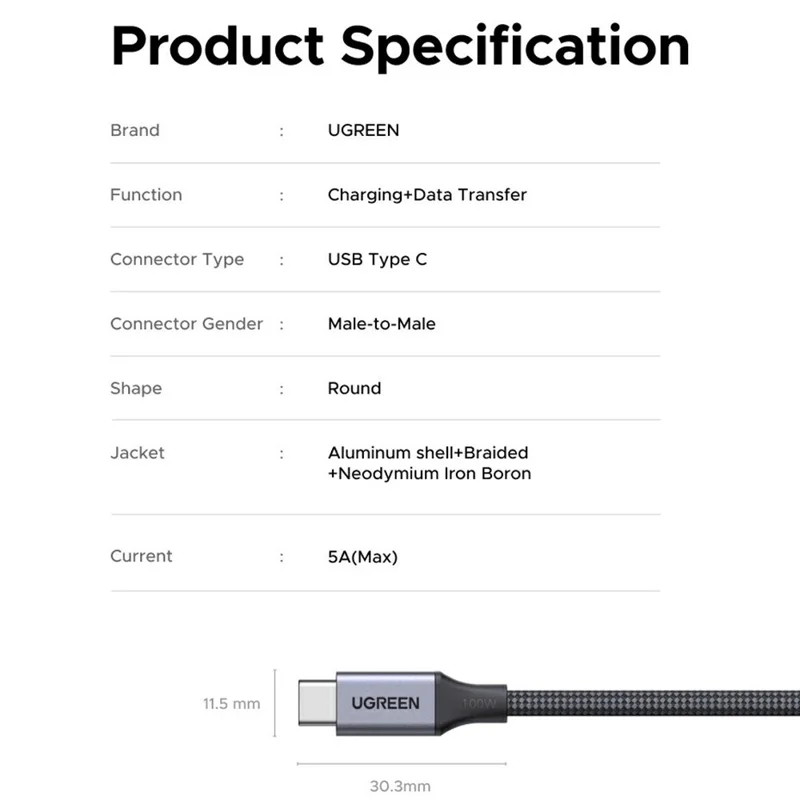 UGREEN 55517 1m Magnetic USB C to USB C Cable PD 100W Fast Charging Data Cord for MacBook / iPhone / iPad