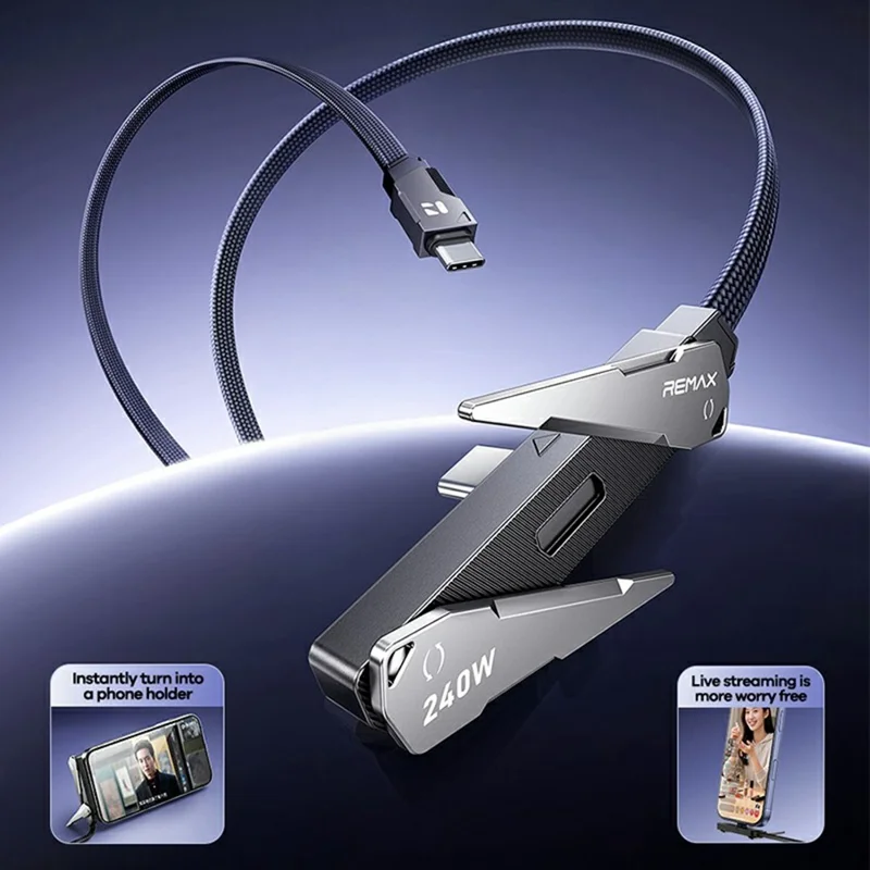 REMAX CB53 PD 240W Fast Charging Cable Type-C to Type-C with Phone Stand 1.2M Braided Cord - Black