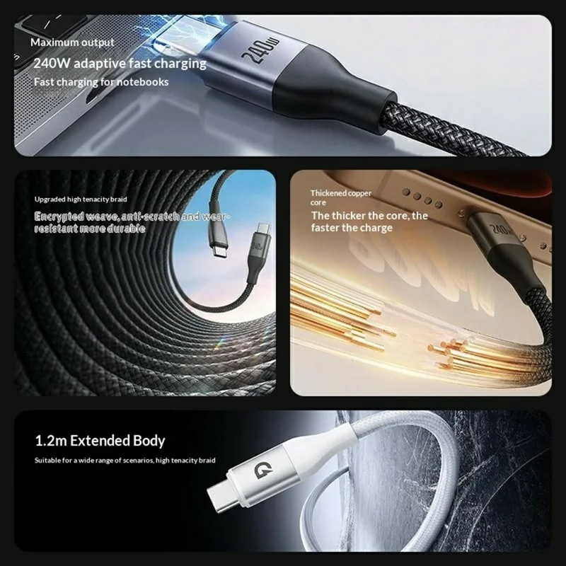 Bulk Purchasing MOVA-AEFD A4005 PD 240W 1.2m Braided Fast Charging Cable Type-C to Type-C Data Transfer Cord - Silver