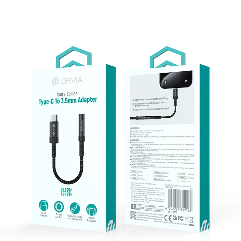 DEVIA Ipure Series Type-C to 3.5mm Audio Adapter DAC Chip Wired Connection for Phone  /  Tablet  /  Laptop - Black