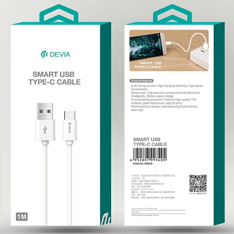 DEVIA 2A 1M Smart Cable USB Type-C Charging Cable Fast Data Transfer Cable - White