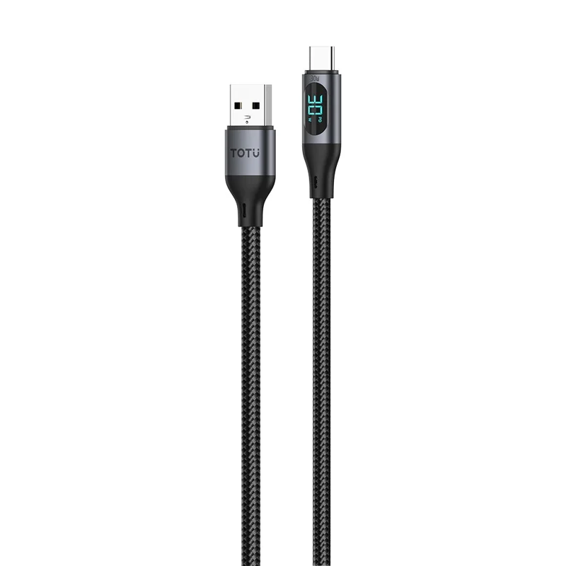 TOTU CB-7-T-B 1m USB-C to USB Cable 30W Fast Charging Braided Data Cable with Digital Display - Black