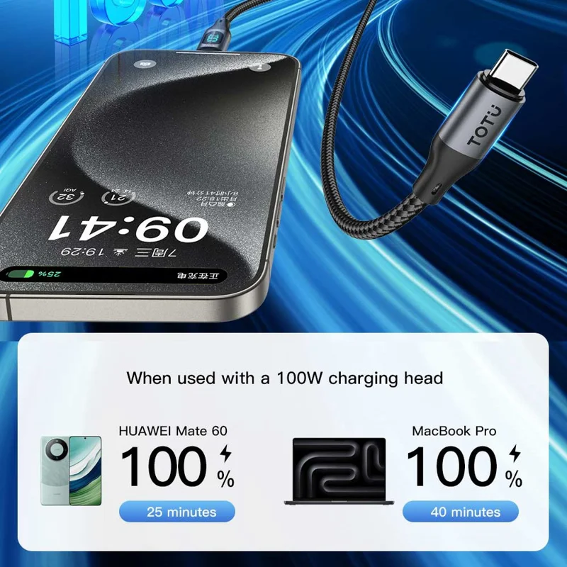 TOTU CB-7-T-B 1m USB-C to USB Cable 30W Fast Charging Braided Data Cable with Digital Display - Black