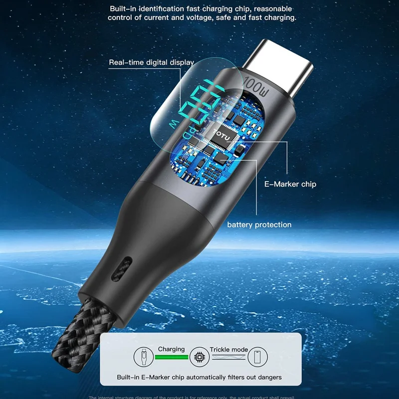 TOTU CB-7-T-B 1m USB-C to USB Cable 30W Fast Charging Braided Data Cable with Digital Display - Black