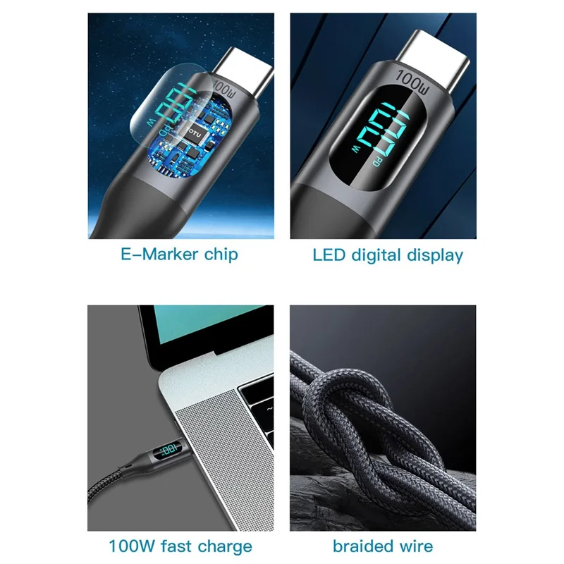 TOTU CB-7-T-B 1m USB-C to USB Cable 30W Fast Charging Braided Data Cable with Digital Display - Black
