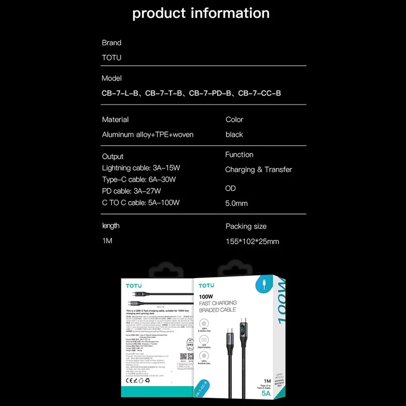 TOTU CB-7-T-B 1m USB-C to USB Cable 30W Fast Charging Braided Data Cable with Digital Display - Black
