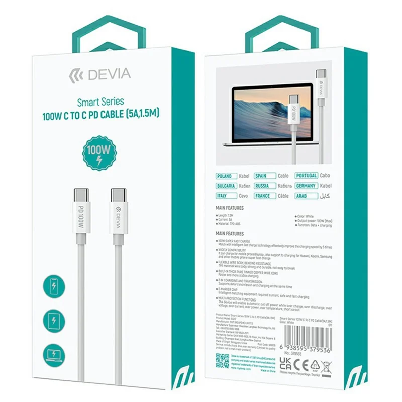 DEVIA EC317 Smart Series 1.5m Type-C to Type-C PD 100W Fast Charging Cable TPE Data Cord - White
