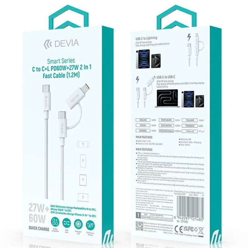 DEVIA EC404 Smart Series 1.2m Type-C to Type-C PD 60W + IP 27W Data Cable 2 in 1 Fast Charging Cord - White