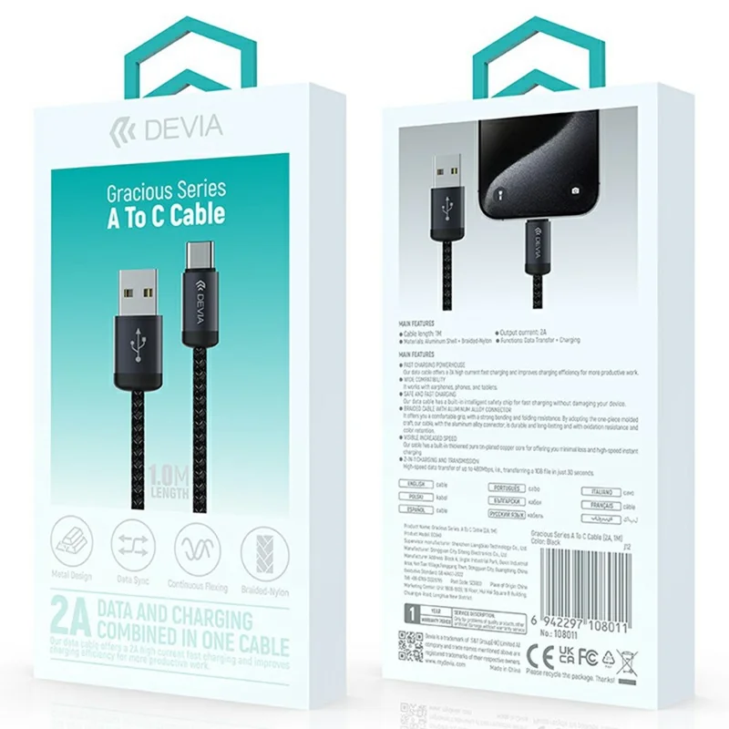 DEVIA EC649 Gracious Series 1m USB-A to Type-C Cable 2A Fast Charging Nylon Braided 480Mbps Data Cord - Black