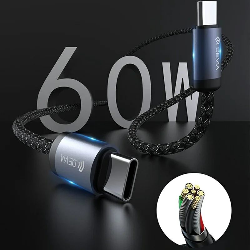DEVIA EC646 Gracious Series 1m Type-C to Type-C Cable PD 60W Fast Charging Data Cord - Black