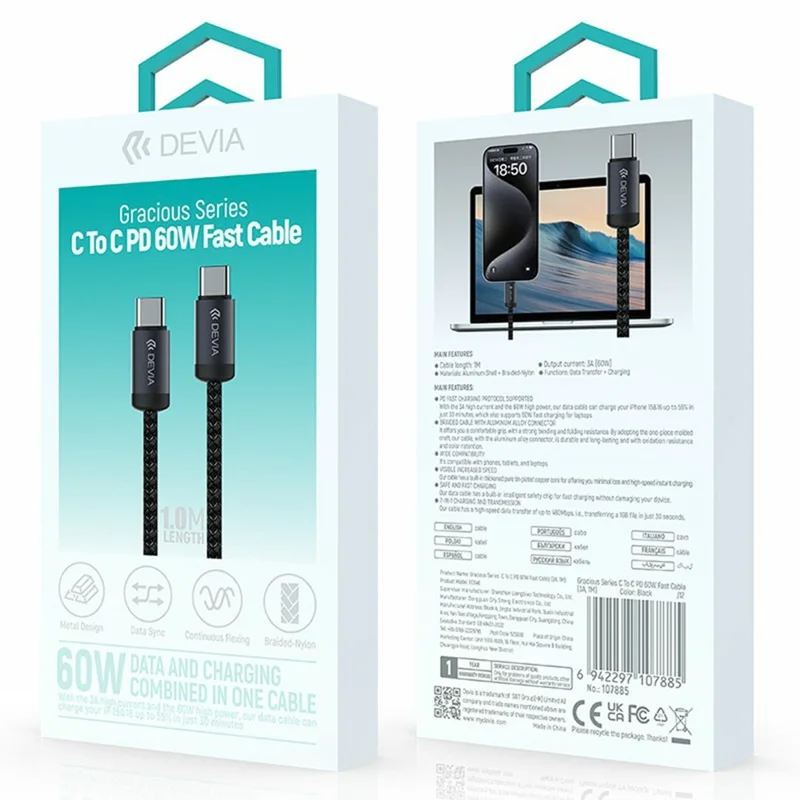 DEVIA EC646 Gracious Series 1m Type-C to Type-C Cable PD 60W Fast Charging Data Cord - Black