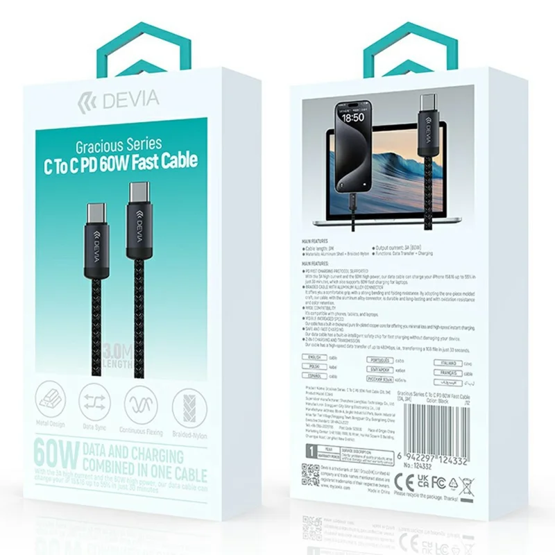 DEVIA EC646 Gracious Series 3m Type-C to Type-C Cable PD 60W Fast Charging Data Cord - Black