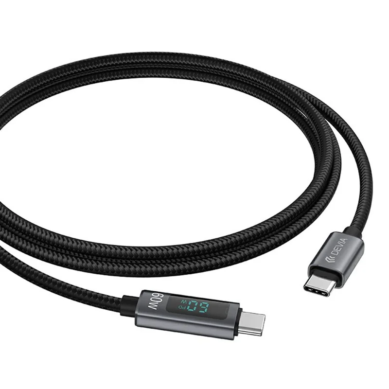 DEVIA EC313 Extreme Speed Series 1.2m Type-C to Type-C Cable Digital Display PD 60W Fast Charging Data Cord - Black