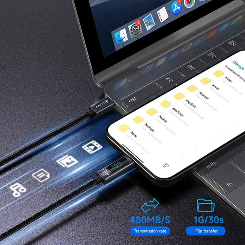 DEVIA EC313 Extreme Speed Series 1.2m Type-C to Type-C Cable Digital Display PD 60W Fast Charging Data Cord - Black