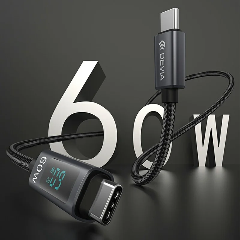 DEVIA EC313 Extreme Speed Series 1.2m Type-C to Type-C Cable Digital Display PD 60W Fast Charging Data Cord - Black