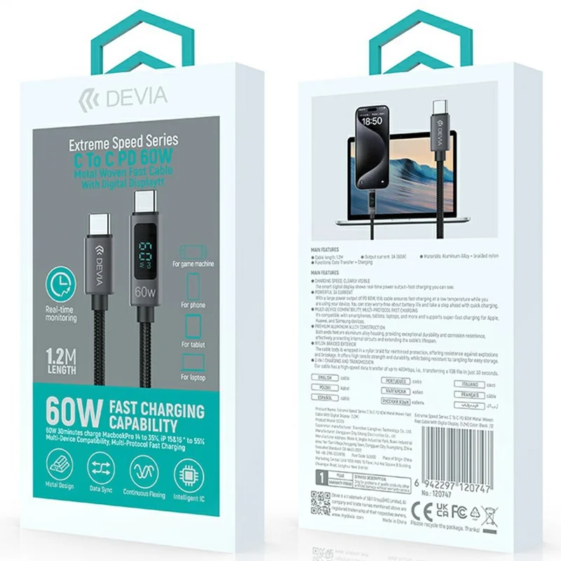 DEVIA EC313 Extreme Speed Series 1.2m Type-C to Type-C Cable Digital Display PD 60W Fast Charging Data Cord - Black