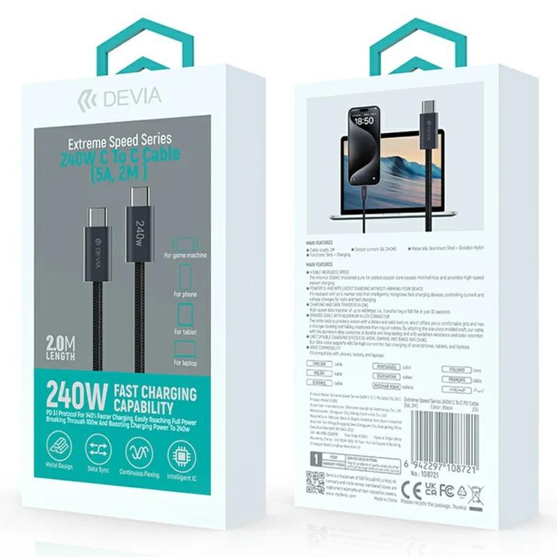 DEVIA EC652 Extreme Speed Series 2m Type-C to Type-C Cable 240W PD Fast Charging Data Cord - Black
