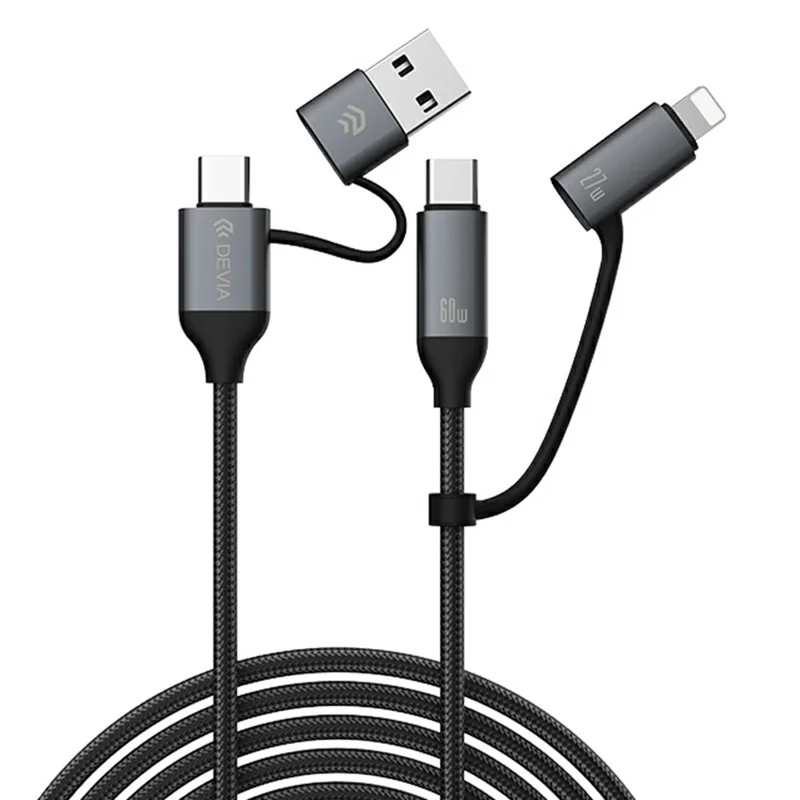 DEVIA EC504 Extreme Speed Series 1.5m 4 in 1 Fast Charging Cable USB-A + Type-C to Type-C + IP Data Cord - Black