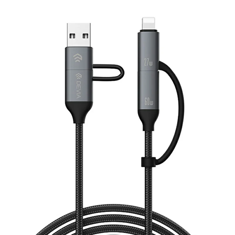 DEVIA EC504 Extreme Speed Series 1.5m 4 in 1 Fast Charging Cable USB-A + Type-C to Type-C + IP Data Cord - Black