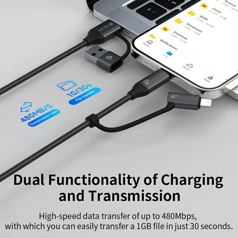 DEVIA EC504 Extreme Speed Series 1.5m 4 in 1 Fast Charging Cable USB-A + Type-C to Type-C + IP Data Cord - Black