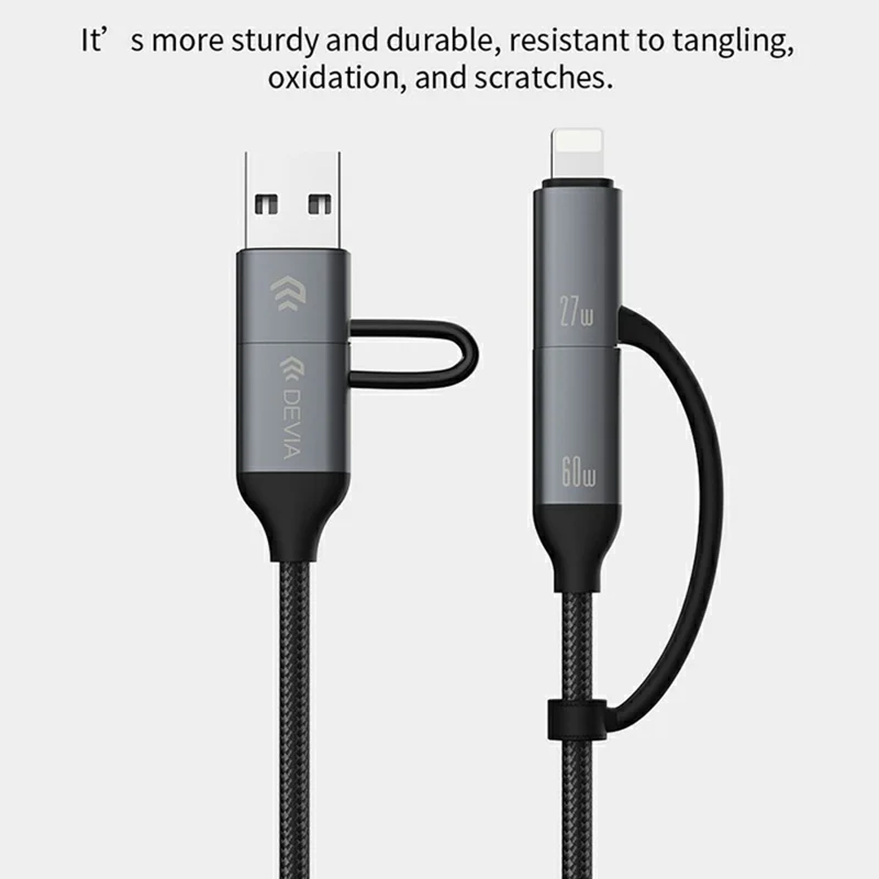 DEVIA EC504 Extreme Speed Series 1.5m 4 in 1 Fast Charging Cable USB-A + Type-C to Type-C + IP Data Cord - Black