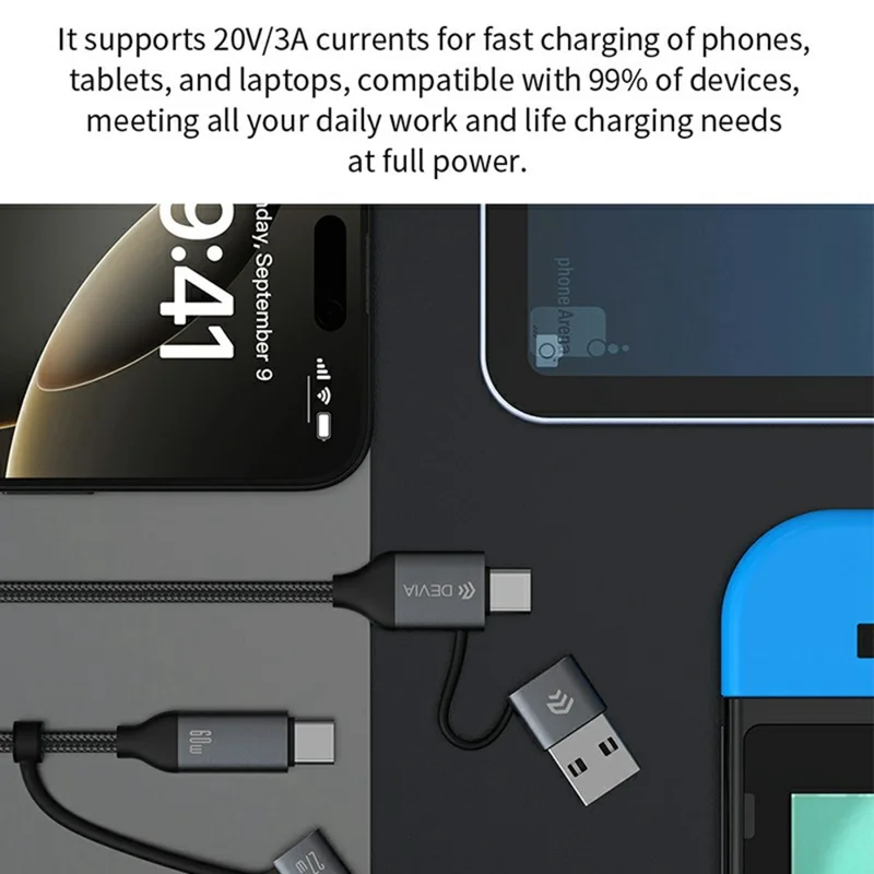 DEVIA EC504 Extreme Speed Series 1.5m 4 in 1 Fast Charging Cable USB-A + Type-C to Type-C + IP Data Cord - Black