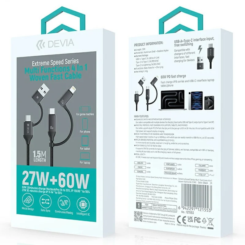 DEVIA EC504 Extreme Speed Series 1.5m 4 in 1 Fast Charging Cable USB-A + Type-C to Type-C + IP Data Cord - Black