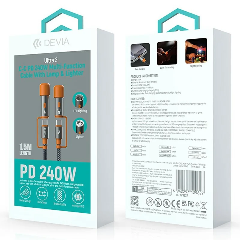DEVIA EC660 1.5m Ultra2 Type-C to Type-C PD 240W Multi Function Data Cable with Lamp and Lighter - Black