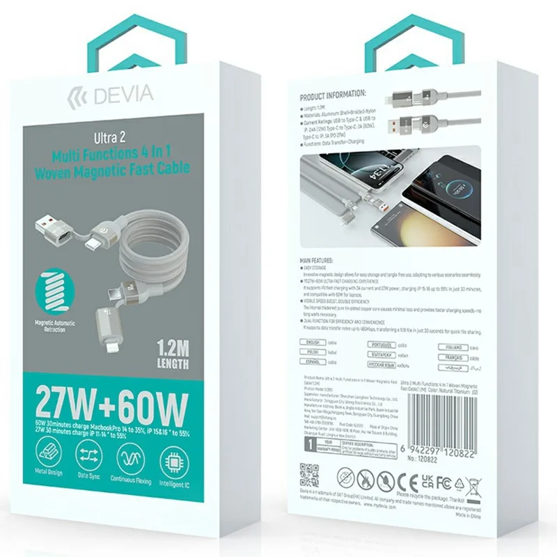 DEVIA EC655 1.2m Ultra 2 Multi Functions 4 in 1 Magnetic Fast Cable Data Cord - Titanium
