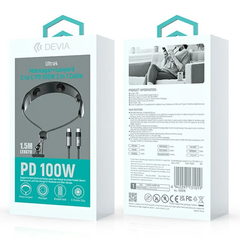 DEVIA EC317 1.5m Ultra4 Type-C to Type-C PD 100W Fast Charging Cable Massager Lanyard 3 in 1 Data Cord - Blacklti Function Portable Device For Office Travel