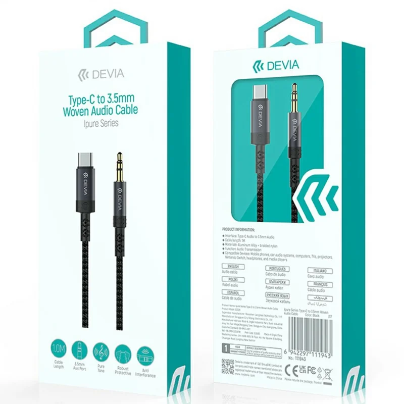 DEVIA EC620 1m Ipure Series Type-C to 3.5mm Audio Cable Braided Nylon Audio Cable - Black