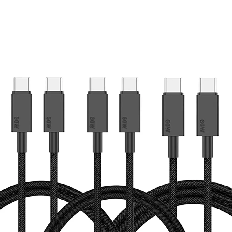 3Pcs / Set 1m+2m+3m PD 60W Type C to Type C Fast Charging Cable Braided Data Cord for iPhone 15-17  /  iPad  /  MacBook - Black