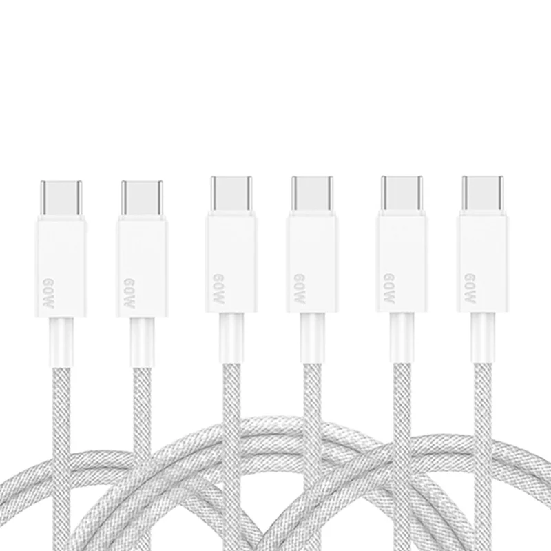 3Pcs / Set 1m+2m+3m PD 60W Type C to Type C Fast Charging Cable Braided Data Cord for iPhone 15-17  /  iPad  /  MacBook - White