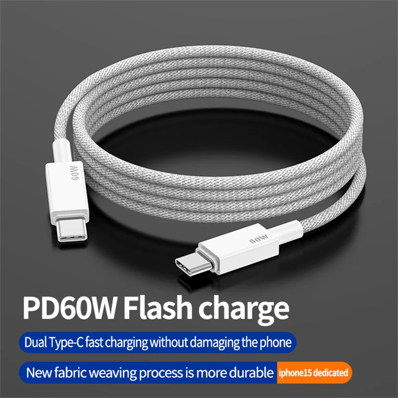 3Pcs / Set 1m+2m+3m PD 60W Type C to Type C Fast Charging Cable Braided Data Cord for iPhone 15-17  /  iPad  /  MacBook - White