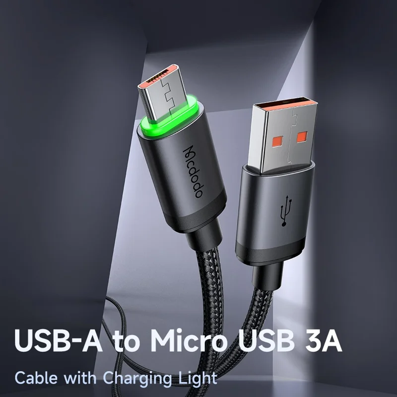 MCDODO CA-3990 1m USB-A to Micro USB Cable with Charging Light, 3A Fast Charging Data Cord - Black