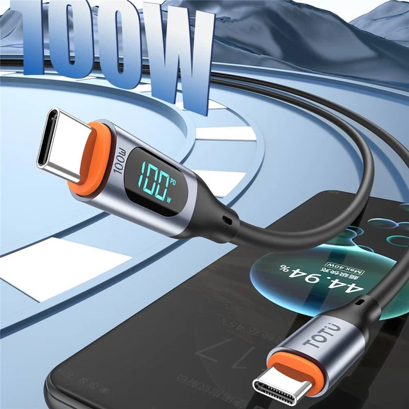 TOTU CB-7-CC 100 cm Kabel USB-C do typu C, 100 W, z cyfrowym wyświetlaczem, szybkie ładowanie, silikonowe kabel danych – Czarny