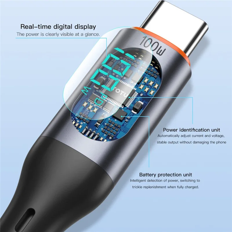 TOTU CB-7-CC 100 cm Kabel USB-C do typu C, 100 W, z cyfrowym wyświetlaczem, szybkie ładowanie, silikonowe kabel danych – Czarny