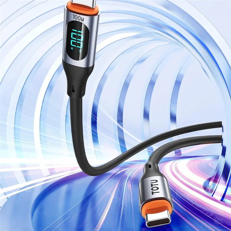 TOTU CB-7-CC 100 cm Kabel USB-C do typu C, 100 W, z cyfrowym wyświetlaczem, szybkie ładowanie, silikonowe kabel danych – Czarny