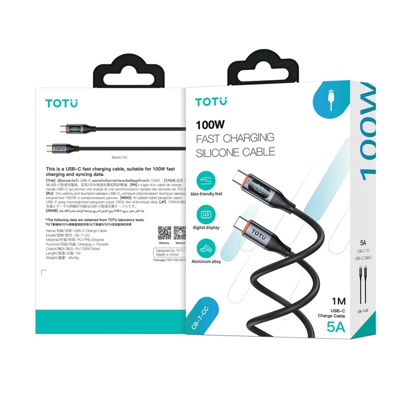 TOTU CB-7-CC 100 cm Kabel USB-C do typu C, 100 W, z cyfrowym wyświetlaczem, szybkie ładowanie, silikonowe kabel danych – Czarny