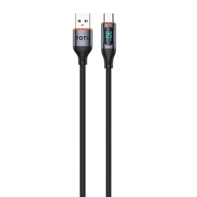 TOTU CB-7-T 100 cm Kabel szybkiego ładowania 30 W z cyfrowym wyświetlaczem USB-A do USB-C, przewód danych – Czarny