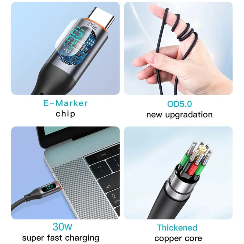 TOTU CB-7-T 100 cm Kabel szybkiego ładowania 30 W z cyfrowym wyświetlaczem USB-A do USB-C, przewód danych – Czarny